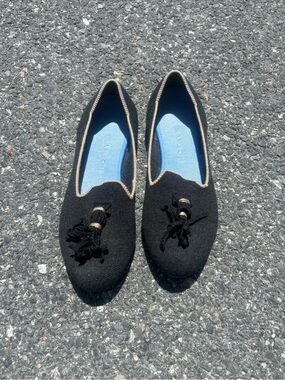 Rothy's Black Knit Tassel Loafers with Cream Trim